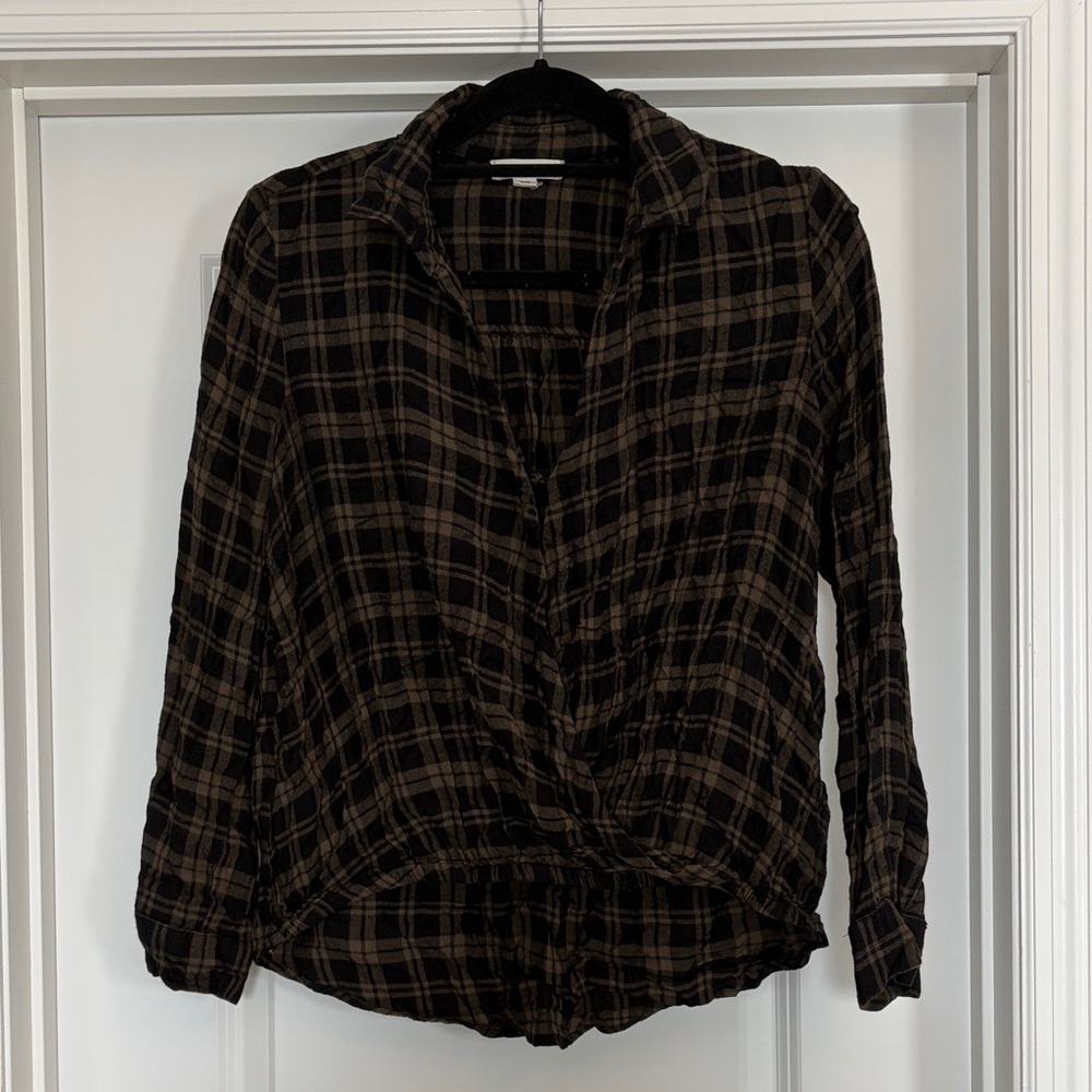 Women’s Olive and Black Plaid Button-Front Blouse
